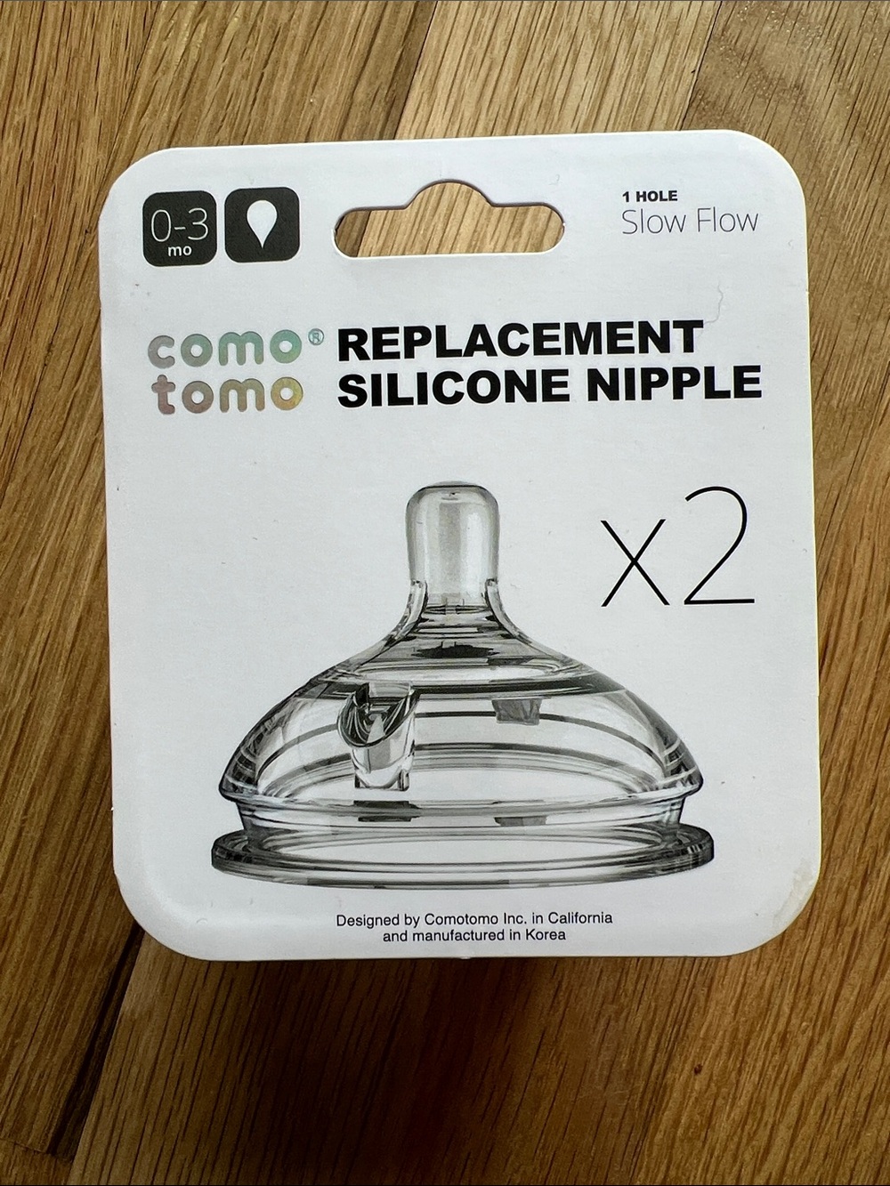 NEW Comotomo Replacement Silicone Nipple - Clear (x2) Slow Flow, 1 Hole
